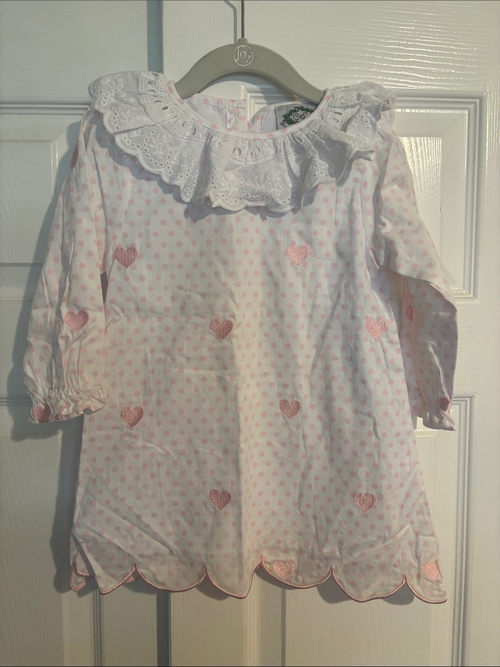 Girls Pink Heart Dot Dress with Eyelet Ruffle Collar